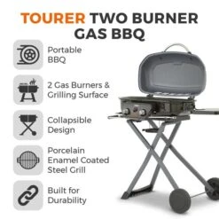 Tower Tourer Two Burner Portable Gas BBQ, Black Steel -Tower Garden Outlet Store 30849209 alt01