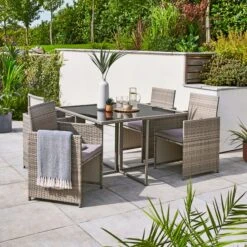 Grey Rattan 4 Seater Dining Cube Set