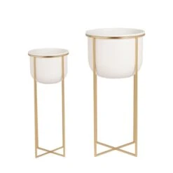 Set Of 2 White & Gold Metal Plant Stands -Tower Garden Outlet Store 30983095 alt03